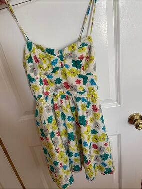 White Floral Sundress with Teal, Lime & Pink Flowers